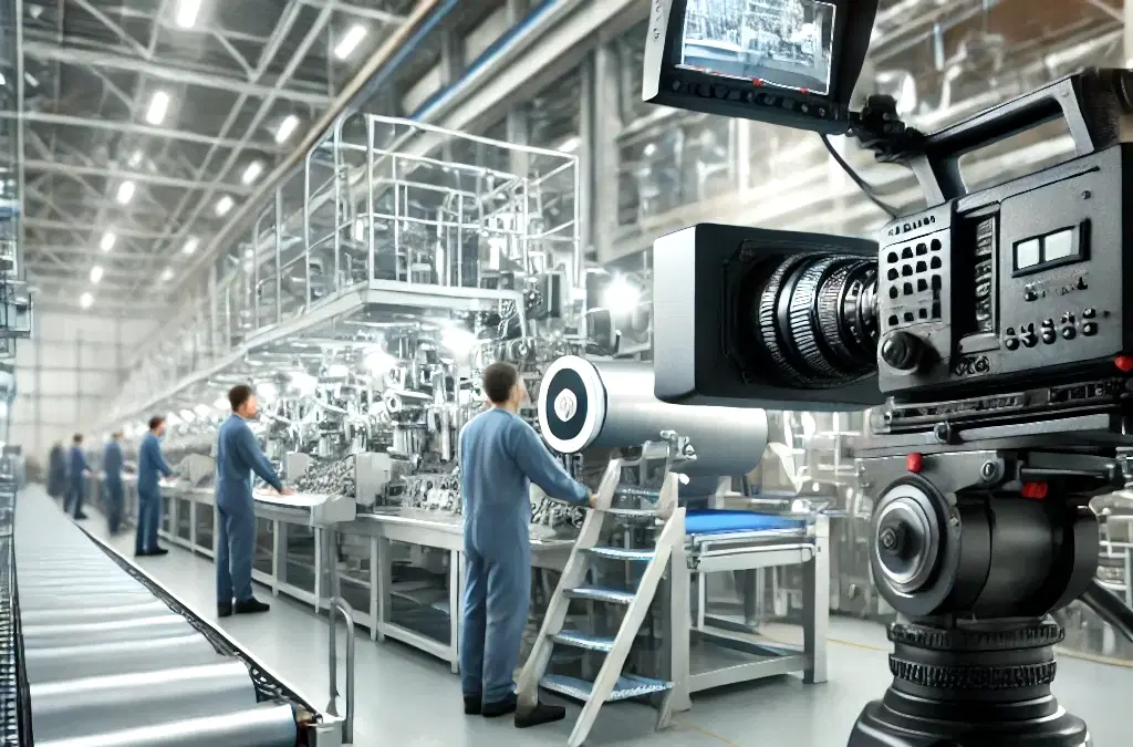 Fabrika Tanıtım Filmi Çekimi: İşletmenizin Görsel Kimliğini Güçlendirin 4 Modern bir fabrikada çalışan işçiler ve ileri teknoloji üretim makineleri, profesyonel bir kamera ekibi tarafından çekim yapılıyor.